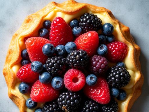 Crostata moderna con crema pasticcera e frutti di bosco freschi.