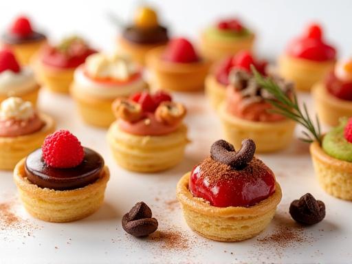 Selezione di pasticcini mignon con diverse creme e guarnizioni.