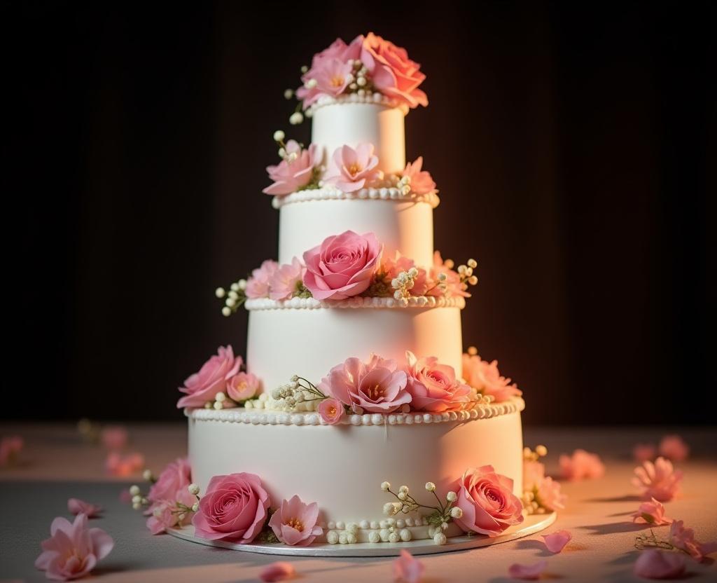 Un capolavoro di torta nuziale a più piani decorata con fiori freschi, simbolo dell'arte pasticcera di Giardino Dolce.